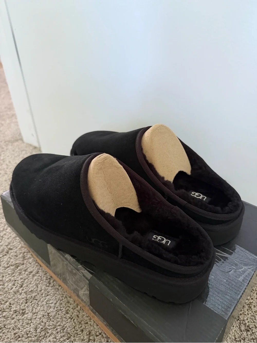 UGG Men's Black Suede Slip-On Mules with Tan Accents